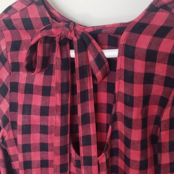 Cloth & Stone/Anthropologie red and black plaid dress, tie front, bell sleeves - Picture 1 of 5